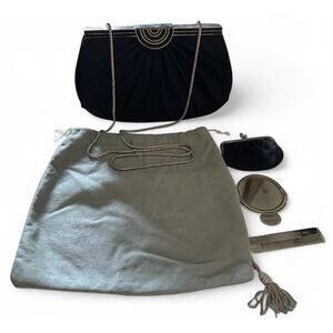 JUDITH LEIBER black satin jeweled clasp clutch bag chain strap handbag Dust Bag